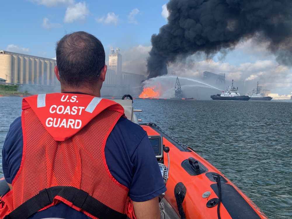 Coast Guard crews respond to dredge fire in the Port of Corpus Christi Ship Channel