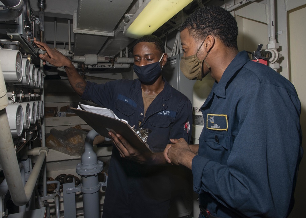 Machinist's Mates Check Liquid Nitrogen Readings Aboard Aircraft Carrier USS Nimitz CVN 68