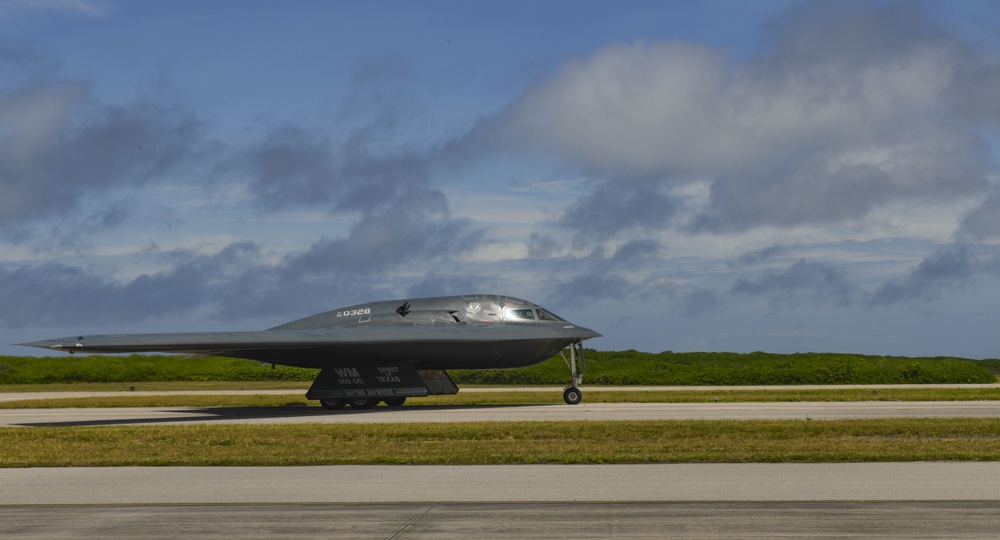 B-2 Spirit Stealth Bomber takes flight from Naval Support Facility Diego Garcia