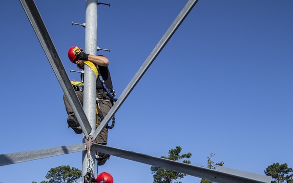 Electronic maintenance teams practice tower climbing to keep base communications flowing