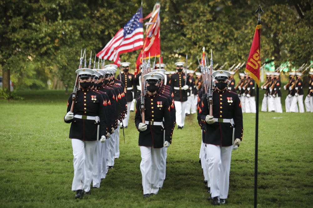 Marines commemorate the 75th Anniversary of World War II with a Sunset Parade at the Marine Corps War Memorial