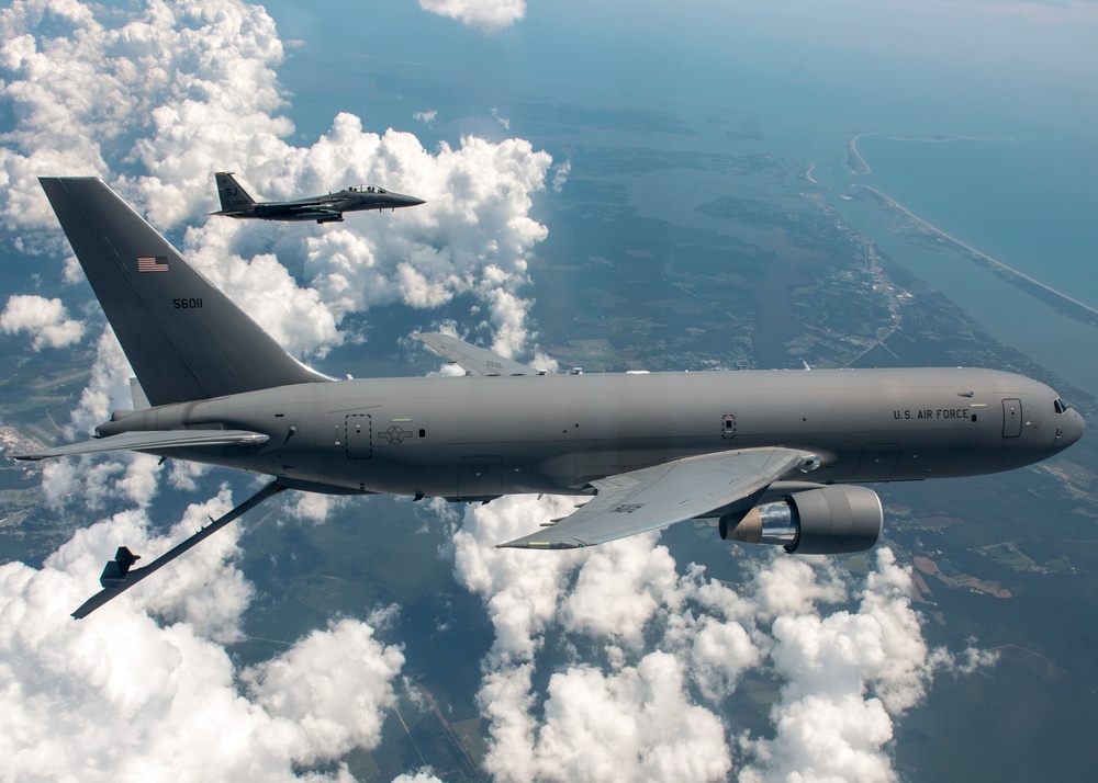 916th ARW KC-46 Pegasus refuels 336th FS F-15E Strike Eagles