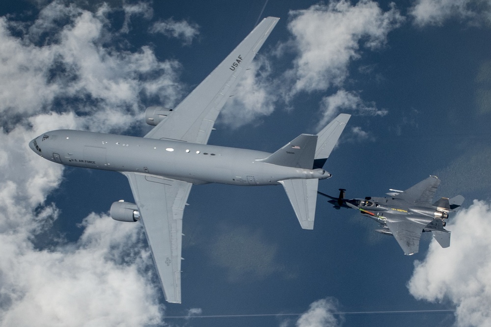 916th ARW KC-46 Pegasus refuels 336th FS F-15E Strike Eagles