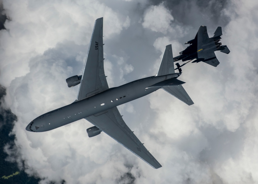 916th ARW KC-46 Pegasus refuels 336th FS F-15E Strike Eagles