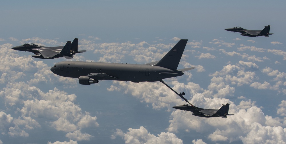 916th ARW KC-46 Pegasus refuels 336th FS F-15E Strike Eagles