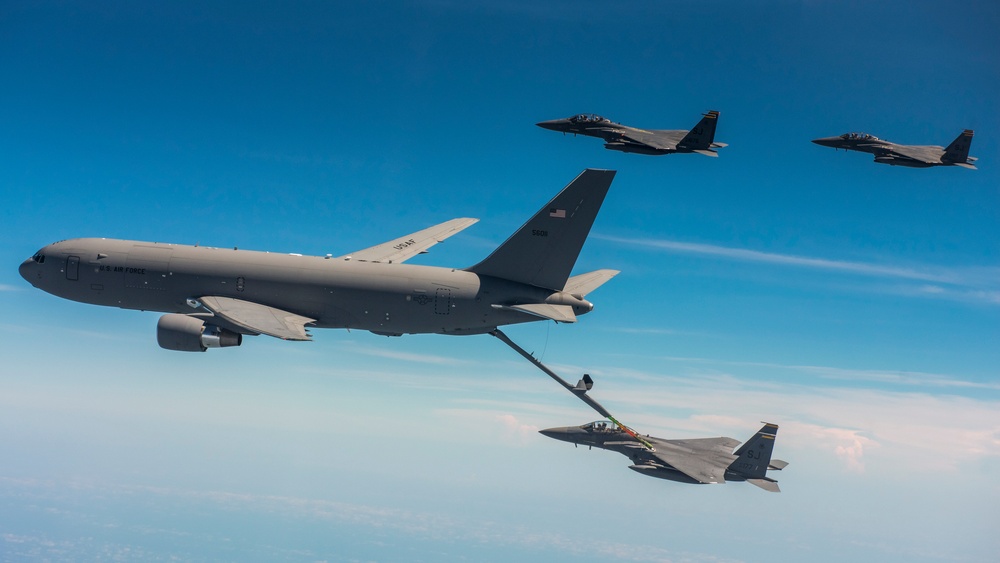 916th ARW KC-46 Pegasus refuels 336th FS F-15E Strike Eagles