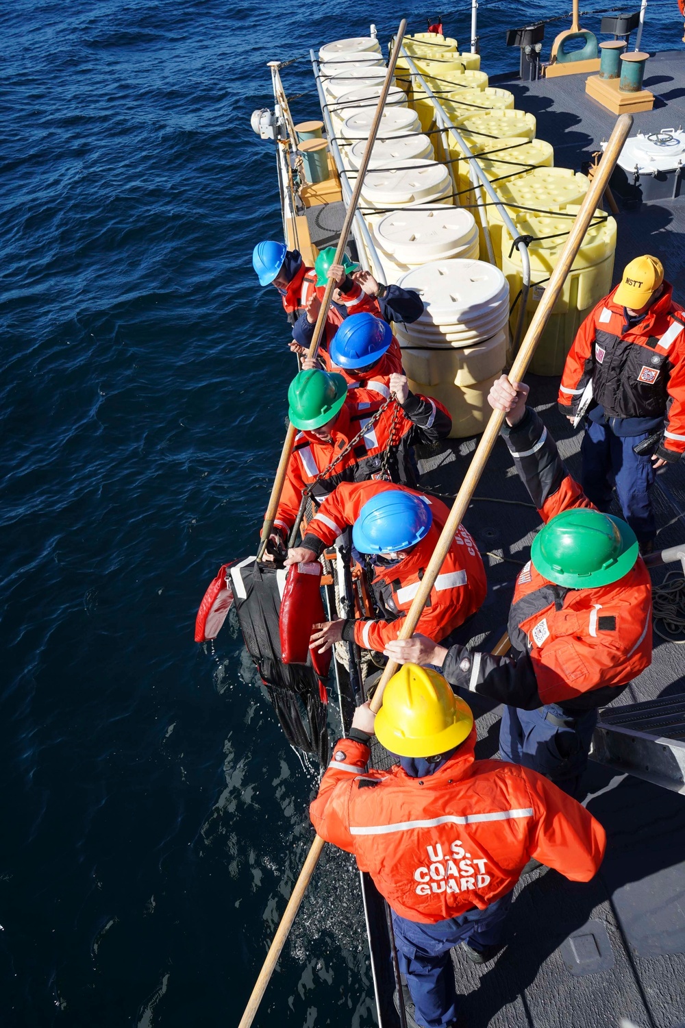 U.S. Coast Guard Cutter Campbell practices search and rescue drills off the coast of Greenland.