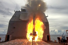 USS Antietam (CG 54) launches a tomahawk land-attack cruise missile (TLAM) during Valiant Shield 2020