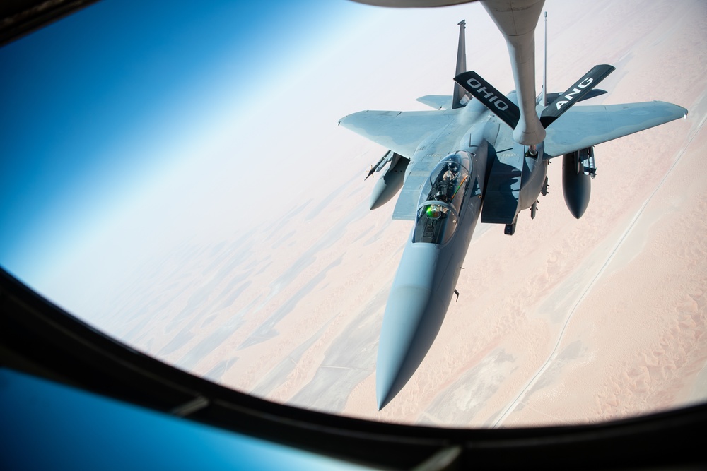 A U.S. Air Force KC-135 Stratotanker refuels F-15SA