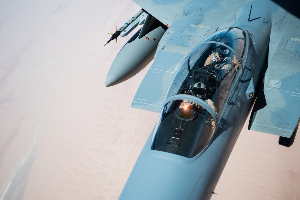 A U.S. Air Force KC-135 Stratotanker refuels F-15SA