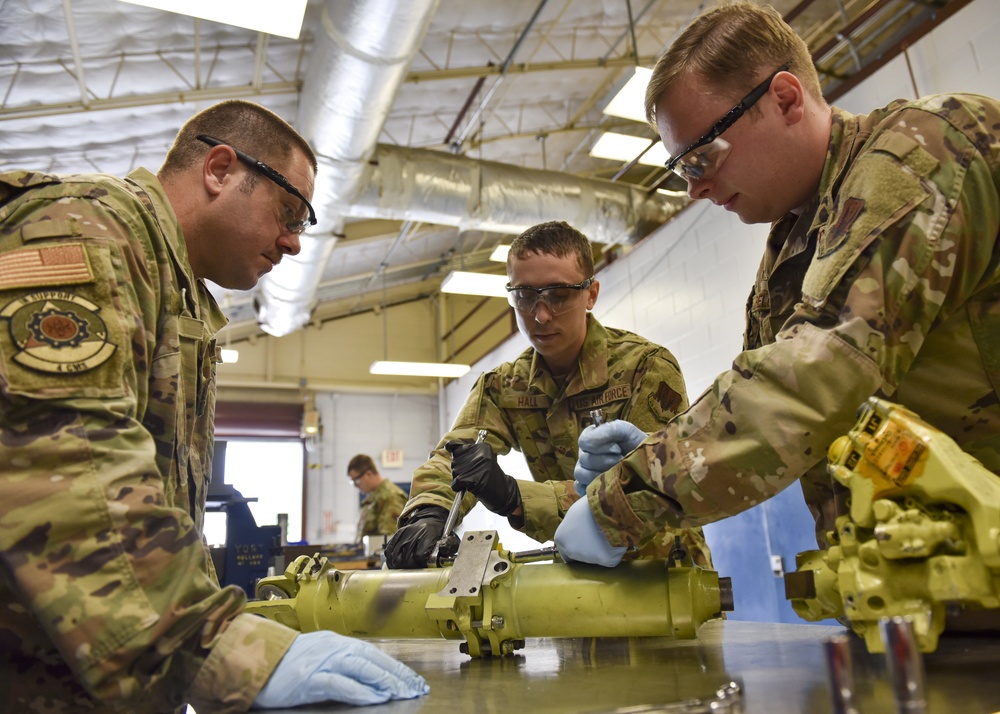 4th CMS Hydraulics Airmen maintain hydraulic components for F-15E’s, F-16’s, A-10’s