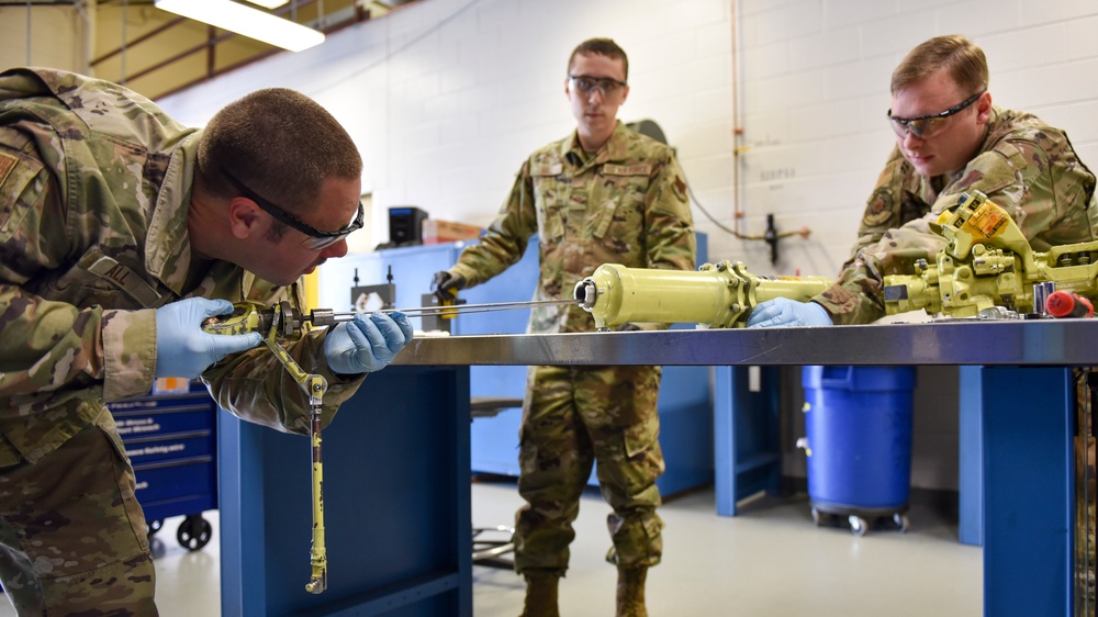 4th CMS Hydraulics Airmen maintain hydraulic components for F-15E’s, F-16’s, A-10’s