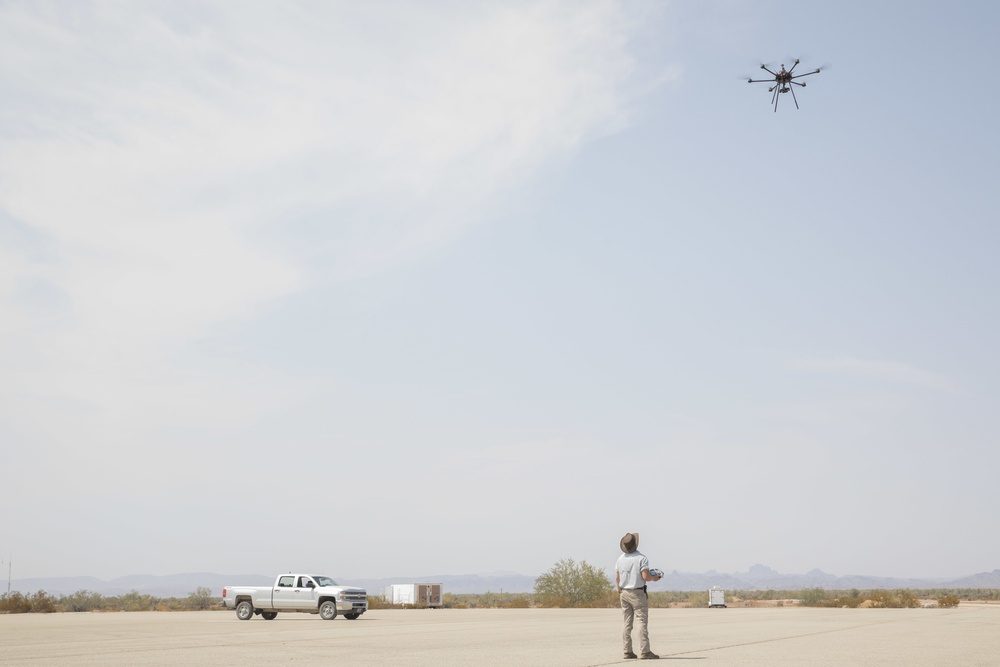 Edward Findley, test pilot for AI Task Force Umanned Surveillance System, from Carnegie Mellon University, tests an unmanned aerial system during the Project Convergence capstone event at Yuma Proving Ground, Arizona, Aug. 11 – Sept. 18, 2020.