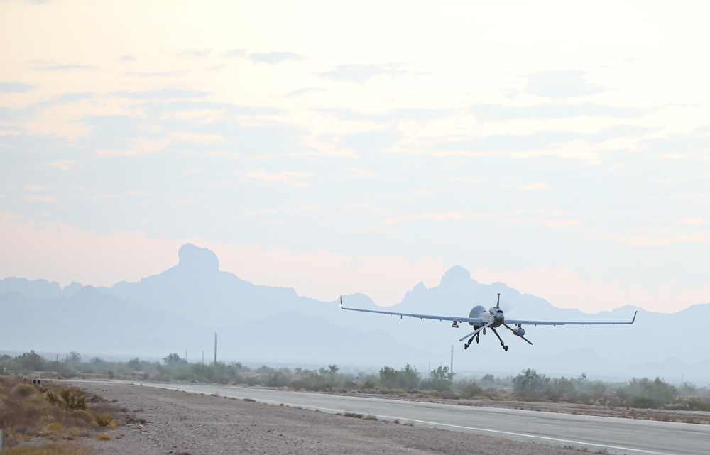 An Extended Range / Multipurpose (ER/MP) Unmanned Aircraft System (UAS), ascends into the sky for operational testing during Project Convergence 20, at Yuma Proving Ground, Arizona, September 15, 2020.