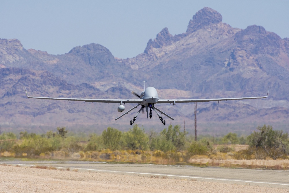 An Extended Range / Multipurpose (ER/MP) Unmanned Aircraft System (UAS), returns from functional testing during Project Convergence 20, at Yuma Proving Ground, Arizona, September 15, 2020.