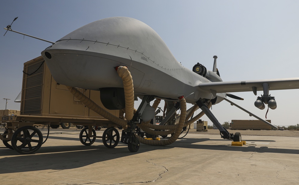 Gearing up for takeoff, an Extended Range / Multipurpose (ER/MP) Unmanned Aircraft System (UAS), is transported to testing zones during Project Convergence 20 commences, at Yuma Proving Ground, Arizona, September 15, 2020.