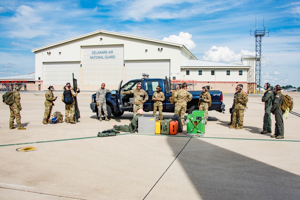 A Critical Care Air Transport Team of the 142nd Aeromedical Evacuation Squadron (AES) prepares for a joint exercise with Delaware National Guard Army Aviation, Sept. 20, 2020