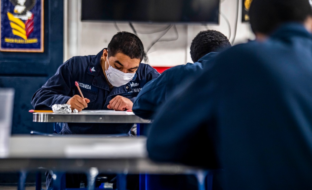 Sailors Aboard USS Germantown (LSD 42) Take the 2nd Class Petty Officer Advancement Exam