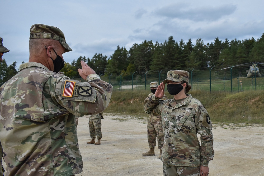 U.S. Army Europe Commanding General coins Soldiers during Combined Resolve XIV
