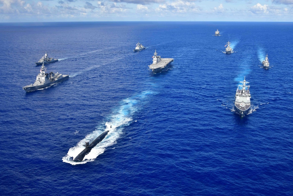 Royal Australian Navy, Republic of Korea Navy, Japan Maritime Self-Defense Force, and United States Navy warships sail in formation during the Pacific Vanguard 2020 exercise