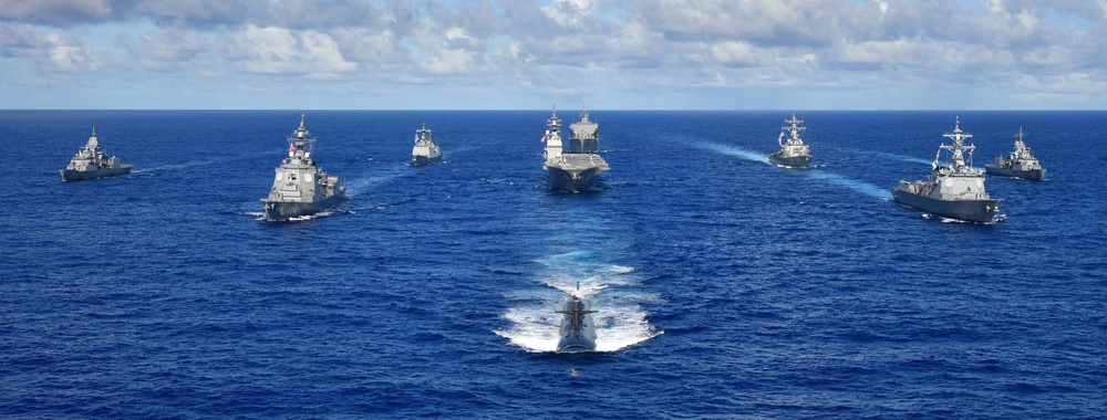 Royal Australian Navy, Republic of Korea Navy, Japan Maritime Self-Defense Force, and United States Navy warships sail in formation during the Pacific Vanguard 2020 exercise