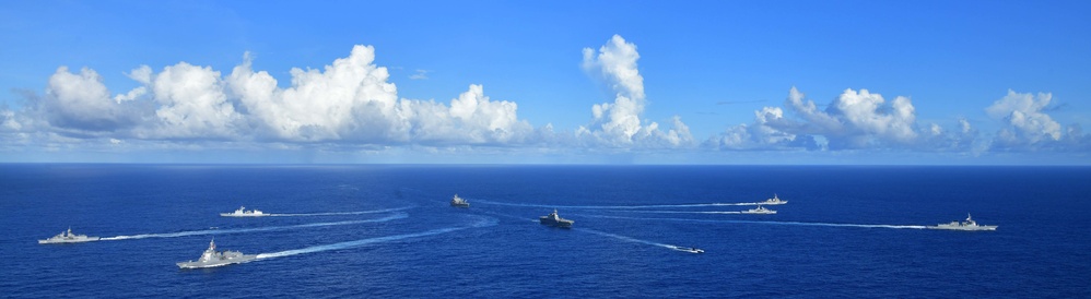 Royal Australian Navy, Republic of Korea Navy, Japan Maritime Self-Defense Force, and United States Navy warships sail in formation during the Pacific Vanguard 2020 exercise