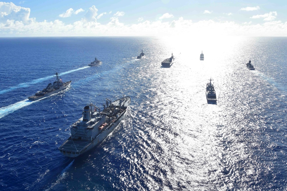 Royal Australian Navy, Republic of Korea Navy, Japan Maritime Self-Defense Force, and United States Navy warships sail in formation during the Pacific Vanguard 2020 exercise