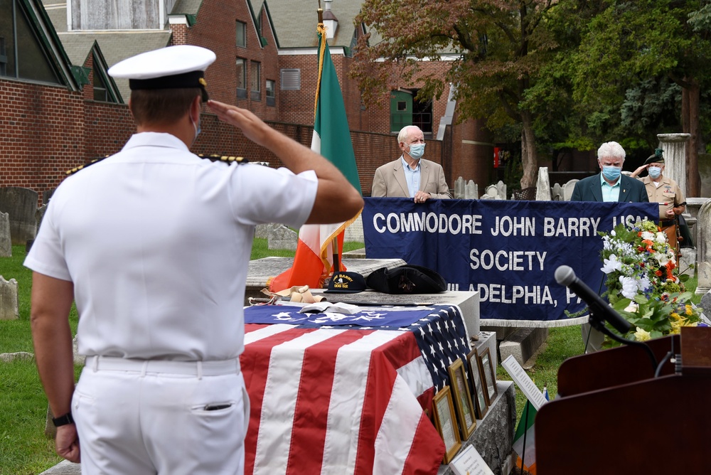 Sailors participate in an annual ceremony at Commodore John Barry's gravesite