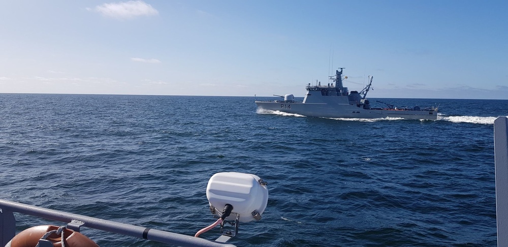 Latvian Naval Forces LVNS Skrunda (P05) participates in a series of close proximity maneuvering exercises during a passing exercise (PASSEX) with European counterparts