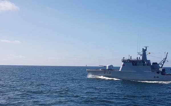 Latvian Naval Forces LVNS Skrunda (P05) participates in a series of close proximity maneuvering exercises during a passing exercise (PASSEX) with European counterparts