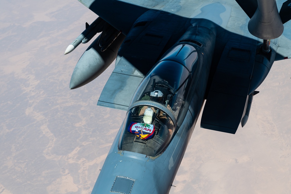 A U.S. Air Force KC-135 Stratotanker refuels F-15C Eagles