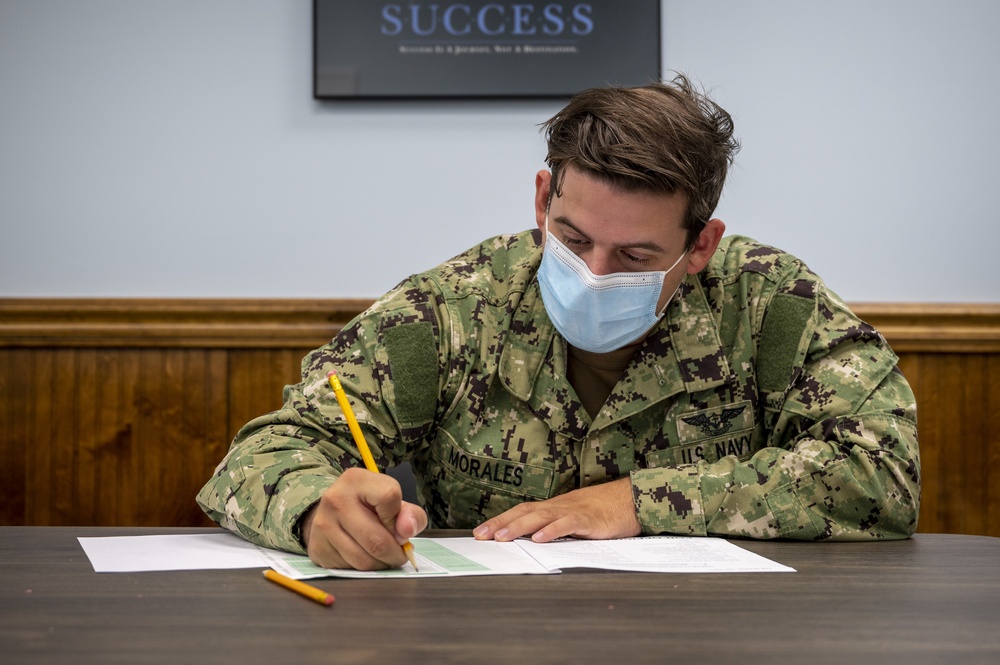 Sailors participate in the Navy-wide E-5 Advancement Exam