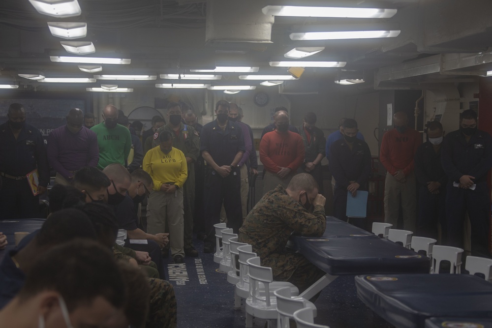 Marines and Sailors aboard USS America hold 9/11 memorial service