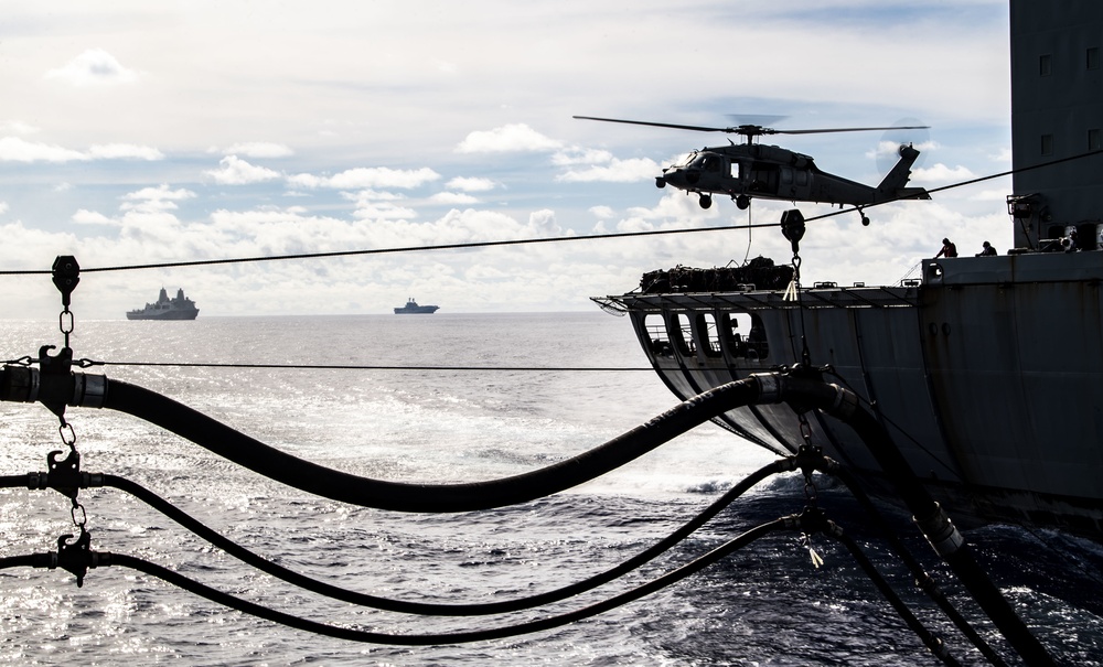 USS Germantown (LSD 42) and USS New Orleans (LPD 18) Conduct a RAS with USNS John Ericsson (T-AO 194)