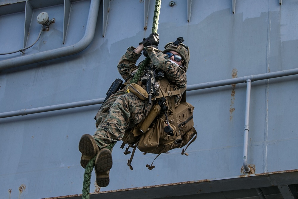 BLT 2/4 Marines fast rope aboard USS America
