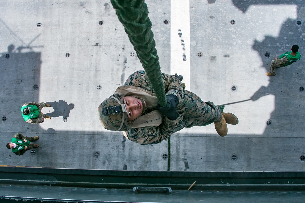 BLT 2/4 Marines fast rope aboard USS America