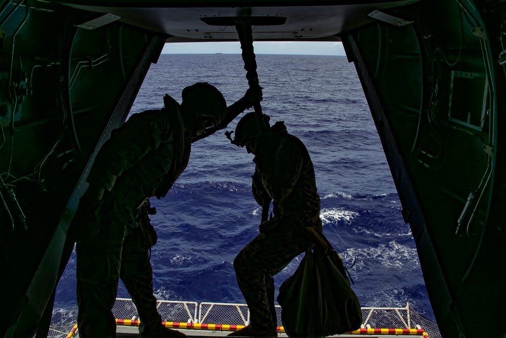BLT 2/4 Marines fast rope aboard USS America