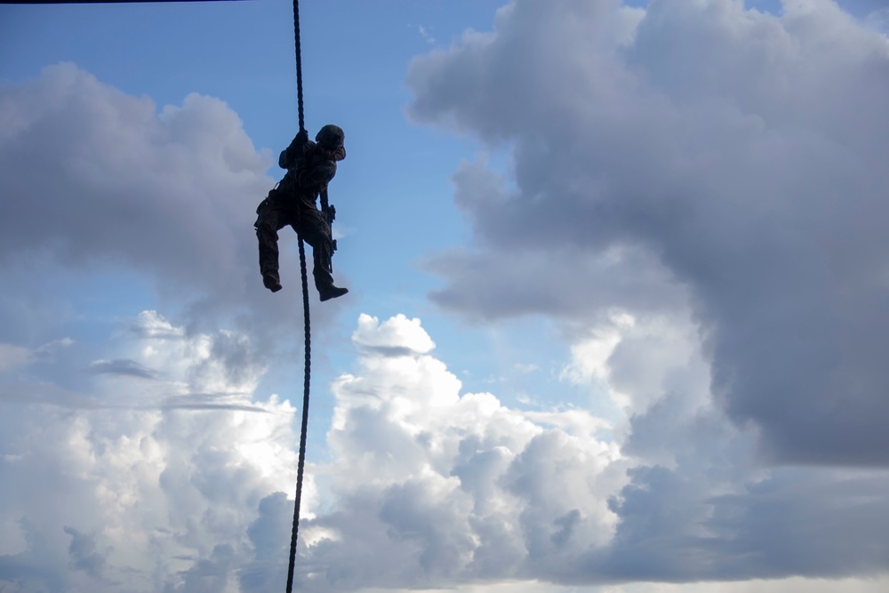 Marines and Sailors Fast Rope aboard USS America