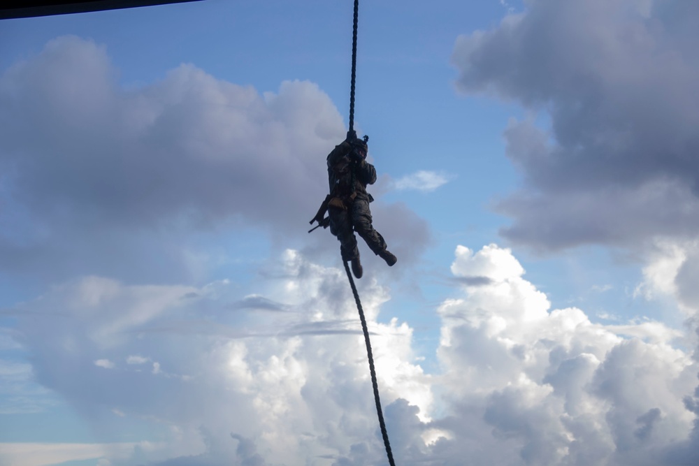 Marines and Sailors Fast Rope aboard USS America