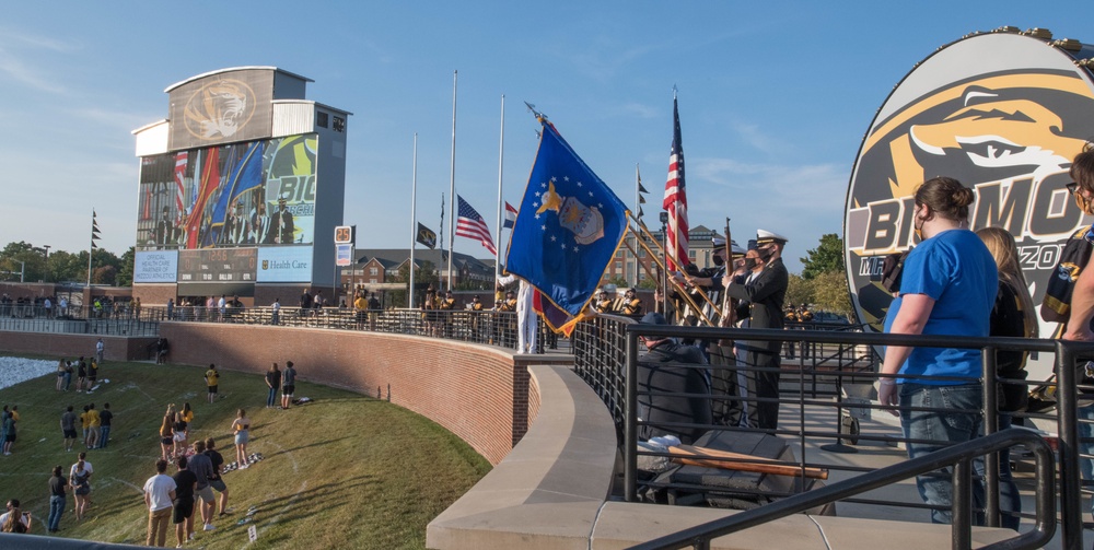 MIZZOU ROTC presents the colors prior the a B-2 Spirit flyover