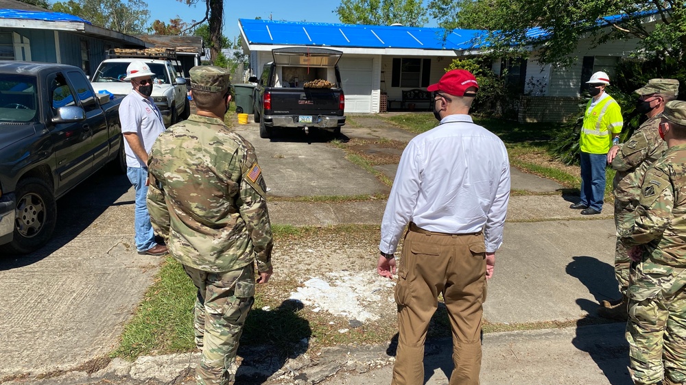 MVD deputy commander views blue roof installing during Hurricane Laura response visit
