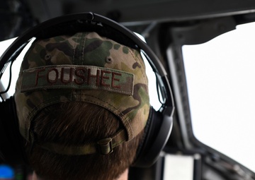 Maj. Chris Foushee conducts air-to-air refuel operations with a KC-46 Pegasus