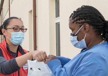 Red Cross Volunteers conduct Operation Gratitude at Landstuhl Regional Medical Center.