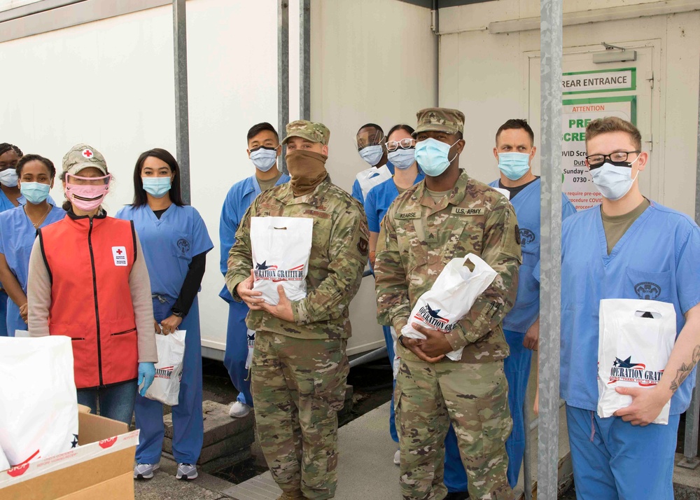 Red Cross Volunteers conduct Operation Gratitude at Landstuhl Regional Medical Center.