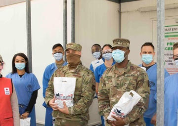 Red Cross Volunteers conduct Operation Gratitude at Landstuhl Regional Medical Center.