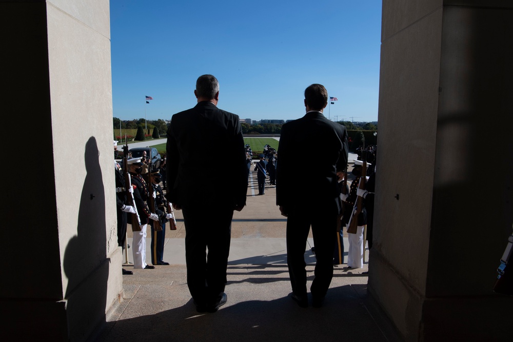 Defense Secretary Dr. Mark T. Esper meets with Romanian Minister of Defense Nicolae Ciuca