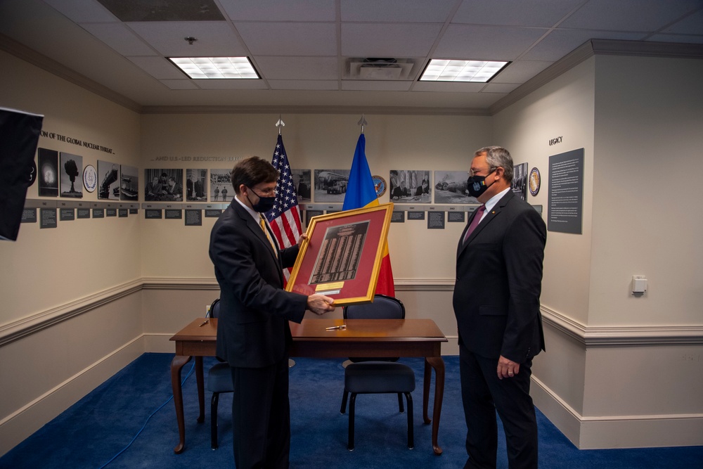 Defense Secretary Dr. Mark T. Esper meets with Romanian Minister of Defense Nicolae Ciuca