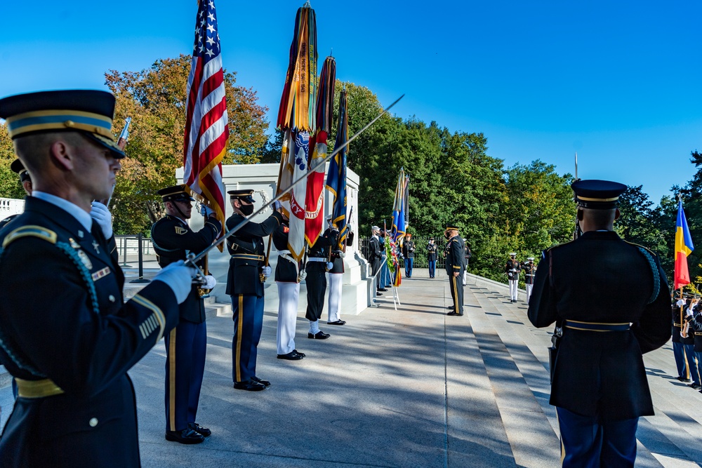 Minister of Defense of Romania Nicolae Ciuca Participates in an Armed Forces Full Honors Wreath-Laying Ceremony at the Tomb of the Unknown Soldier