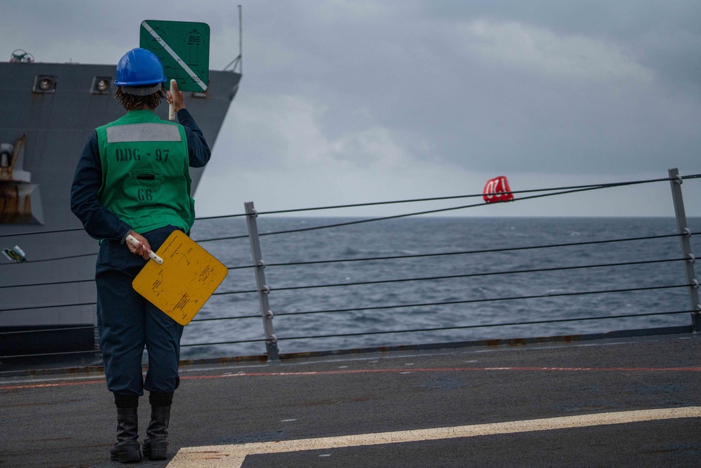 USS Halsey Conducts A Replenishment-at-sea