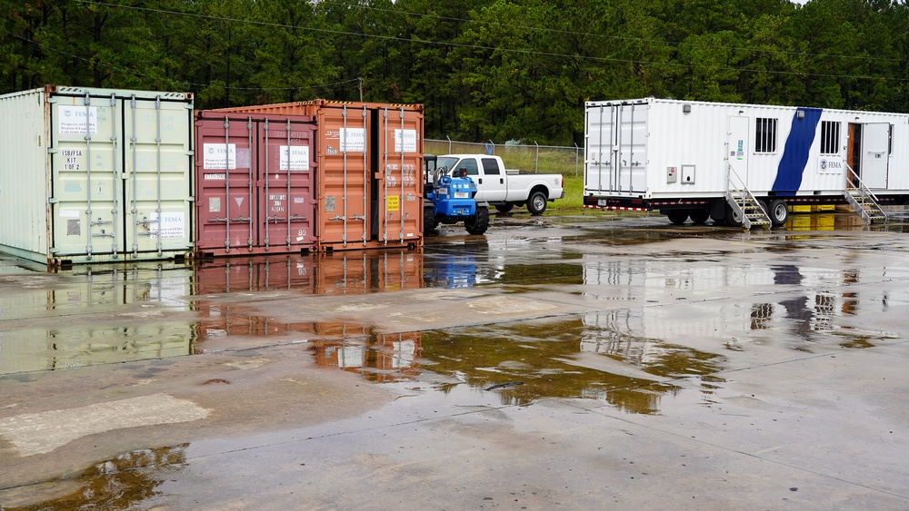 Staged FEMA Supplies and Vehicles Weather Hurricane Delta
